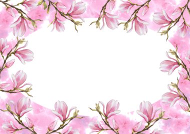 Suluboya pembe manolyalı çiçek deseni çiçek ve tomurcuklar. Beyaz arka planda, pembe suluboya lekeli elle boyanmış resimler. Düğün davetiyeleri ve tebrik kartları için tasarım