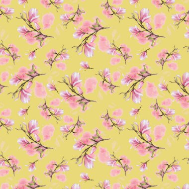 Çiçek suluboya kusursuz desen. Elle boyanmış mor manolya deseni. Sarı-yeşil arka planda izole edilmiş pembe suluboya lekeli desen. Tasarımın için, tekstil, ambalaj