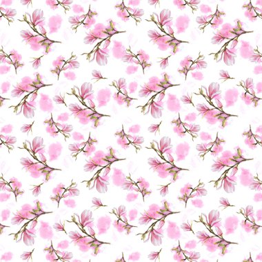 Çiçek suluboya kusursuz desen. Mor Magnolia 'nın elle boyanmış örnekleri. İzole edilmiş beyaz arka planda pembe suluboya lekeli desen. Tasarımın için, tekstil, ambalaj kağıdı.