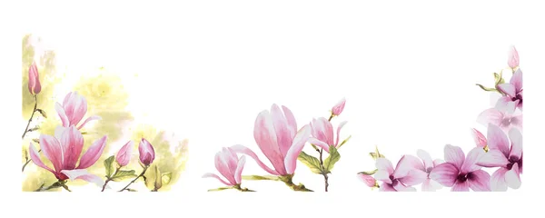 带有水色粉色木兰花枝条花 芽和叶子的花框套件手绘图解 白色背景与水边污迹隔离 婚礼邀请函的设计和 — 图库照片