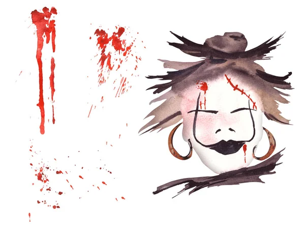 Halloween Dzieci Maskuje Czarownica Krew Rozpryski Plamy Akwarela Przerażające Strony — Zdjęcie stockowe