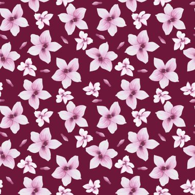 Flower Watercolor Seamless Pattern. Hand painted illustration of blooming purple Magnolia.Pattern on isolated on dark background for your design, textile, wrapping paper, wallpaper, cover.