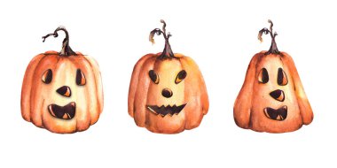 Balkabağı Cadılar Bayramı seti. Suluboya resimli korkunç yüz. El çizimi Cadılar Bayramı balkabağı kafası elementi. Beyaz arka planda izole edilmiş. Yazdırma, çıkartmalar, kartlar, logolar için tasarım