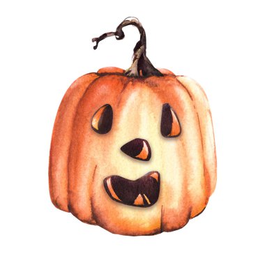 Komik kızgın surat balkabağım. Cadılar Bayramı balkabağı turuncu kafası. El çizimi suluboya çizimi. Beyaz arka planda izole edilmiş. Çıkartma tasarımları, logolar, baskılar için sonbahar tasarımı kutlanıyor