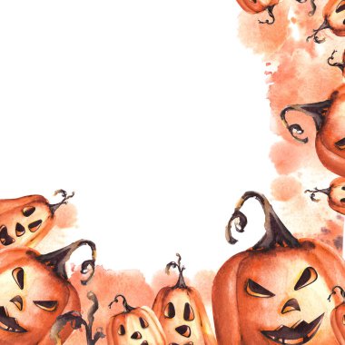 Mutlu Cadılar Bayramı balkabağı korkunç yüzü. Turuncu suluboya lekeli kare çerçeve. Sonbahar suluboya resimli beyaz arka plan. Cadılar Bayramı kutlama kartları, el ilanları, afişler