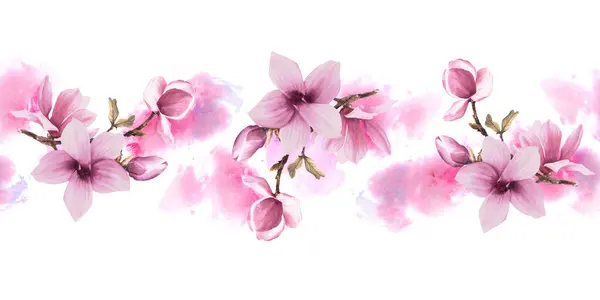 无缝隙花边图案 紫色木兰花枝条的手绘插图 带有粉红色水彩斑斑的孤立的白色背景 横向重复边框 包装纸 — 图库照片
