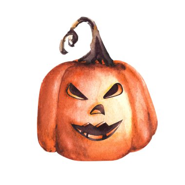 Komik kızgın surat balkabağım. Cadılar Bayramı balkabağı turuncu kafası. El çizimi suluboya çizimi. Beyaz arka planda izole edilmiş. Çıkartma tasarımları, logolar, baskılar için sonbahar tasarımı kutlanıyor