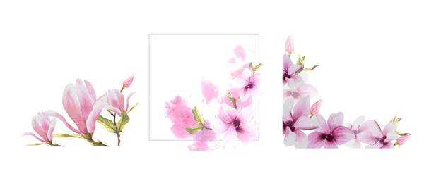 Květinový Rám Sada Akvarelem Růžové Magnólie Větve Květiny Poupata Listy — Stock fotografie