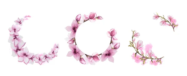 Tři Květinové Kulaté Rám Akvarelem Růžové Magnólie Květiny Větve Listy — Stock fotografie
