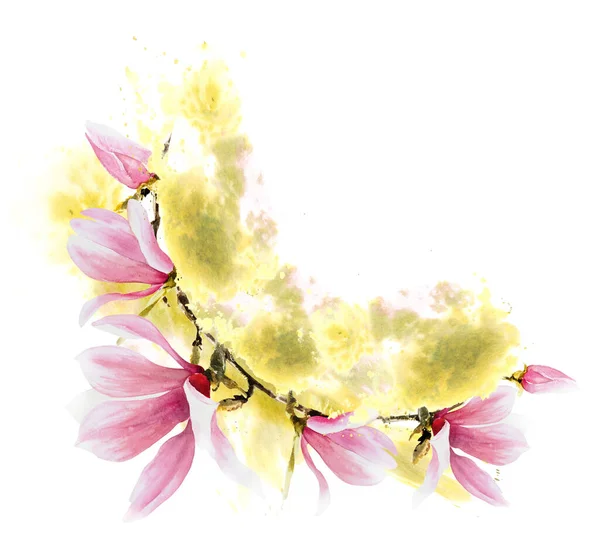 Bloemen Frame Met Aquarel Roze Magnolia Bloemen Knoppen Bladeren Hand — Stockfoto