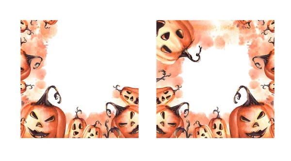 Happy Halloween Pumpkin Scary Face Square Frame Set Orange Watercolor — Stock Photo, Image