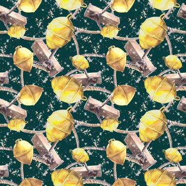 Denizcilik elementleri kalın, sarı şamandıralar, ipler, koyu arkaplanda izole edilmiş taş parçaları suluboya çizimleri. ambalaj kağıdı, duvar kağıdı, tekstil, ambalaj, baskı için