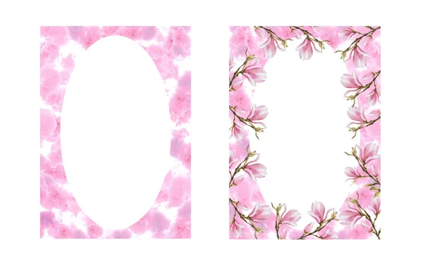 Blommig Ram Set Med Akvarell Rosa Magnolior Bough Blommor Och — Stockfoto