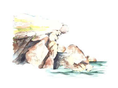 Suluboya elle çizilmiş denizcilik çizimi. Zümrüt Adriyatik denizi ve dalgalar kayalık bir iskelede yansıyor. Beyaz arka planda izole edilmiş. Tasarımınız, afişiniz, kartlarınız, posterleriniz, afişleriniz için bir temel