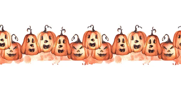 Uśmiechnięte Dynie Halloween Twarz Oczy Nos Rdzeń Akwarela Bezszwowa Granica — Zdjęcie stockowe