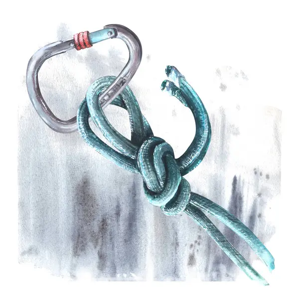 Carabiner Rope Knot Watercolor Bouldering Illustration Isolated Grey Watercolour Stain — Stock Photo, Image
