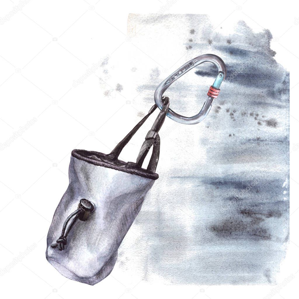 Climbing grey chalk textile belt bag with carabiner. Bouldering equipment. Watercolor illustration isolated on white background on grey watercolour stains and splatters. For stickers, posters, cards.