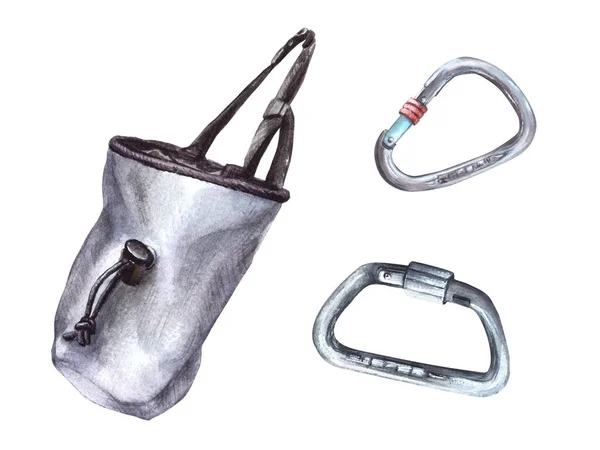 Grey Chalk Textile Belt Bag Carabiner Rock Climbing Bouldering Equipment — Stock Photo, Image