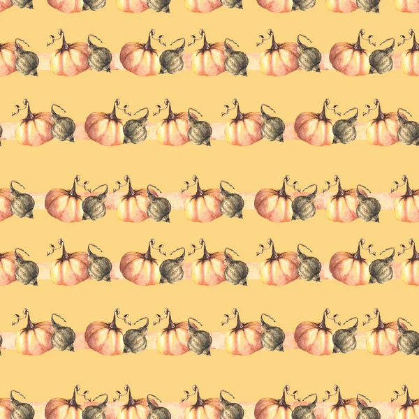 Рослинні Безшовні Гарбузи Смугастий Візерунок Ізольований Жовтий Фон Акварельні Осінні — стокове фото
