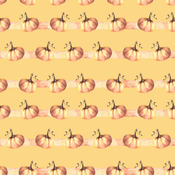 Рослинні Безшовні Гарбузи Смугастий Візерунок Ізольований Жовтий Фон Акварельні Осінні — стокове фото
