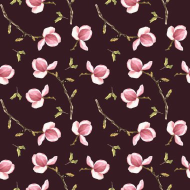  Suluboya kusursuz desen. Mor Magnolia çiçeklerini ve yapraklarını elle boyamış. Çiçek tasarımı, parmak iziniz, tekstil, ambalaj kâğıdınız, duvar kağıdınız, kapağınız için koyu arka planda izole edilmiş..