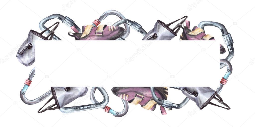 Climbing banner frame. Sport shoes, carabiners, magnesia bag. Equipment for rock climbing, bouldering. Watercolor illustration isolated on white background Design for flyer, banner, cards, invitation