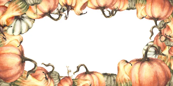 Podzimní Dýně Rám Podzimní Sklizeň Zeleniny Izolovaný Akvarel Ilustrace Bílém — Stock fotografie