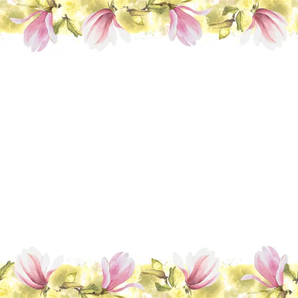 Bloemen Naadloze Banner Frame Met Aquarel Roze Magnolia Bloemen Knoppen — Stockfoto