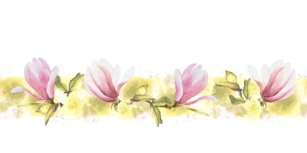 Blomma Sömlös Gräns Mönster Handmålade Illustration Lila Magnolia Isolerad Vit — Stockfoto