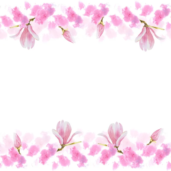 花纹无缝横幅 水彩画粉色木兰花 手绘在白色背景上的孤立的图画 粉色污迹设计结婚邀请函 明信片 — 图库照片