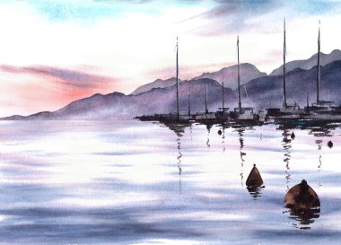 Dağlardan, limandan, yatlardan, balıkçı teknelerinden ve deniz şamandıralarından oluşan gölgeli Adriyatik suluboya manzarası. El çizimi izole edilmiş. Pankart, broşür, kartpostal için..