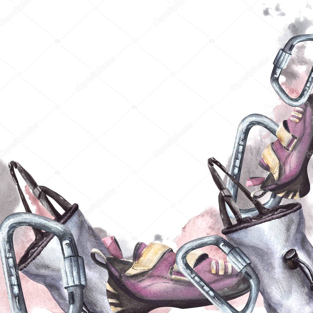 Climbing banner, frame. Sport shoes, carabiners, magnesia bag. Equipment for rock climbing, bouldering. Watercolor illustration isolated on white background with aquarelle splashes. Flyer, invitation