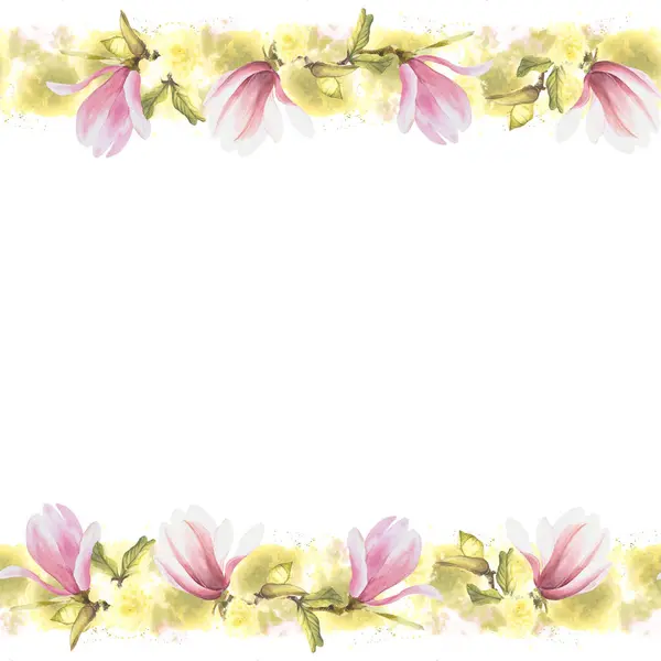 Floral Seamless Banner Frame Watercolor Pink Magnolias Flowers Buds Leaves — Stock Photo, Image