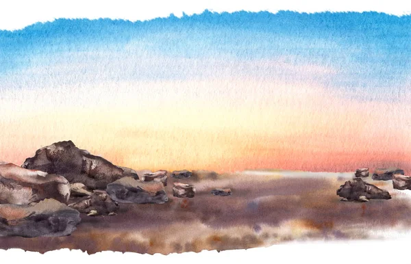 Akwarela Jasny Krajobraz Kolorowy Zachód Słońca Piaszczysta Plaża Kamieniami Ręcznie — Zdjęcie stockowe