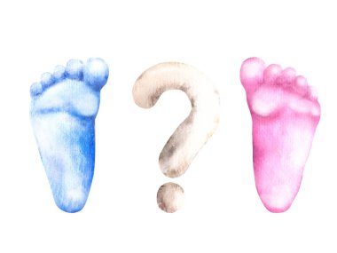 Bebek ayak izleri mavi ve pembe ayaklarda soru işareti var. Suluboya resimli el çizimi beyaz arkaplanda izole edildi. Cinsiyeti ortaya çıkan parti erkeği ya da kız, yeni doğan kutlaması, mutlu doğum günü kartı baskısı.