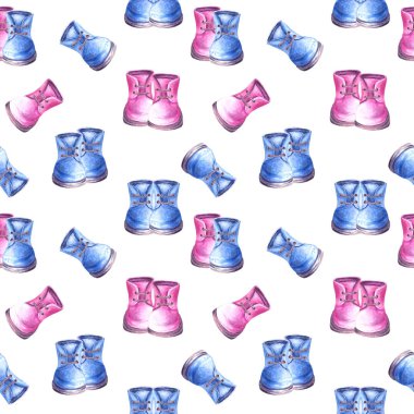 Bebek mavisi ve pembe çizmeler, ayakkabısız desenli erkek ya da kız çocuğu suluboya el çizimi beyaz arka planda izole edilmiş doğum günü için tekrarlanan tasarım, yeni doğan cinsiyetin parti duvar kağıdı baskısını ortaya çıkardı