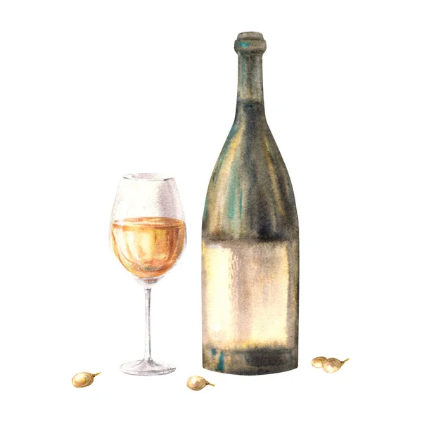A bottle and glass of white wine with grape berries. Watercolour hand draw food illustration on white background. Wine making set for your design print of sticker, flyers, drink menu, wine list, card
