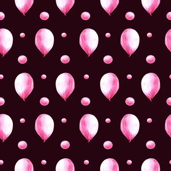 Pink air balloon seamless pattern with bubbles and peas. Its a baby girl, newborn birthday party Hand painted watercolor illustration isolated on dark background for print cover, wrapping, wallpaper.
