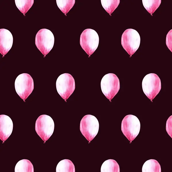 Pink air balloon seamless pattern It is a baby girl, newborn birthday party Hand painted watercolor illustration isolated on dark background Repeating design base for print cover, wrapping, wallpaper