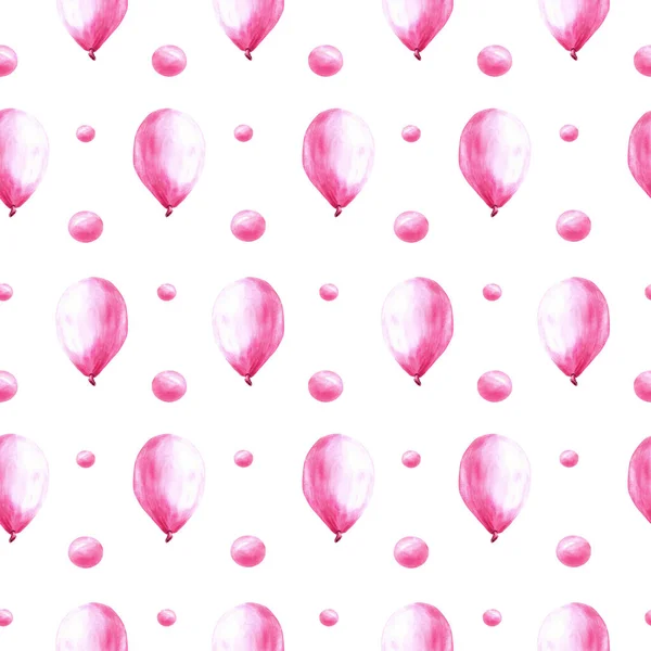 Pink air balloon seamless pattern with bubbles and peas. Its a baby girl, newborn birthday party Hand painted watercolor illustration isolated on white background for print cover, wrapping, wallpaper.