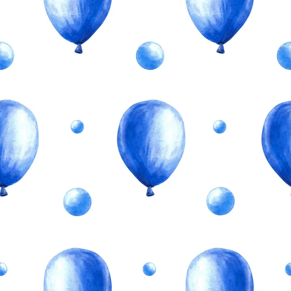 Blue air balloon with bubbles and peas seamless pattern It is a baby boy, newborn or birthday party Hand painted watercolor illustration isolated on white background Base for wrapping paper, wallpaper