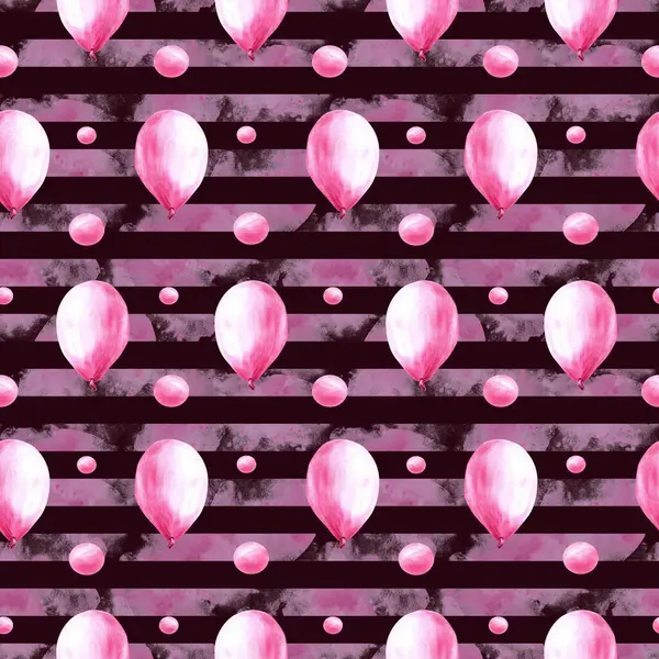Pink air balloon seamless pattern with bubbles and peas on watercolour stripes. It s a baby girl, newborn birthday party Hand painted illustration isolated on dark background for wrapping, wallpaper.