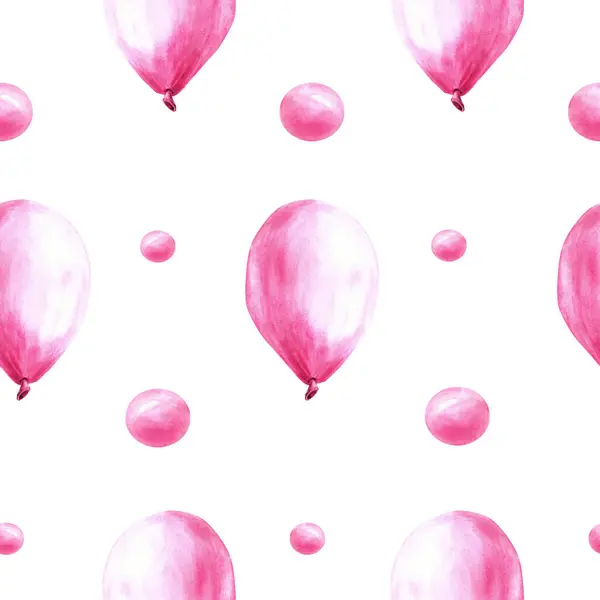 Pink air balloon seamless pattern with bubbles and peas. Its a baby girl, newborn birthday party Hand painted watercolor illustration isolated on white background for print cover, wrapping, wallpaper.
