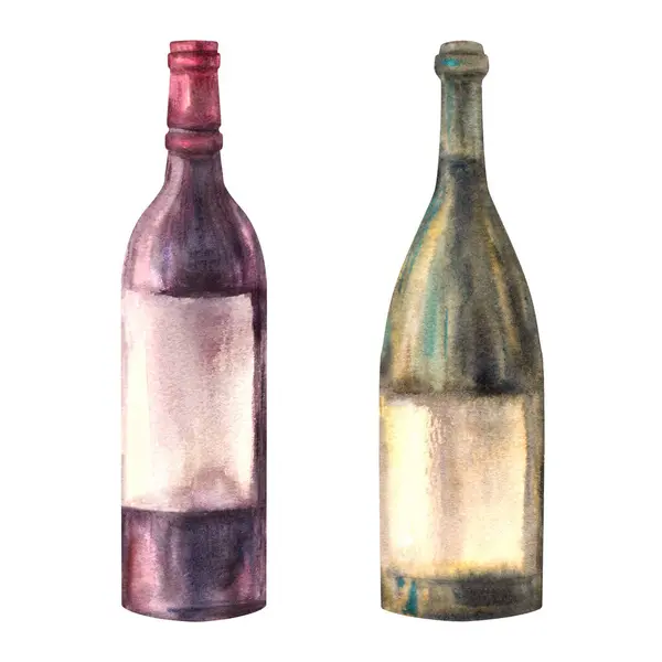 Aquarell Set Mit Zwei Flaschen Rot Und Weißwein Aquarell Handzeichnung — Stockfoto
