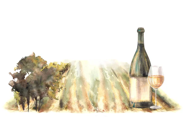 Watercolor wine label with a bottle and glass of wine in front of vineyards rural landscape with grape fields, trees, bushes Wine factory Winemaking hand draw illustration isolated, white background