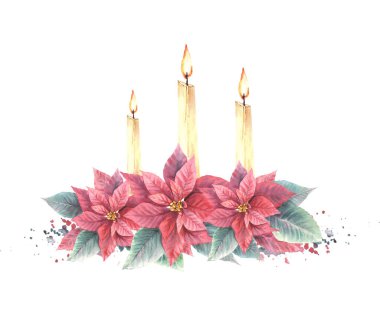 Kırmızı Poinsettia çiçekleriyle suluboya düzenleme, yanan mumlarla yapraklar ve yılbaşı için resimler, yeni yıl kartı, kış tatili kutlaması izole edilmiş beyaz arka plan