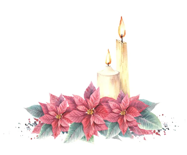 Υδατογραφία Ζωγραφισμένη Διάταξη Κόκκινα Λουλούδια Poinsettia Φύλλα Φλεγόμενα Κεριά Και — Φωτογραφία Αρχείου