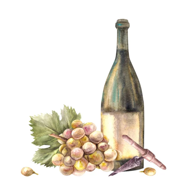 A bottle of white wine with bunch of grapes and grapevine, corkscrew Watercolour hand draw illustration on white background. Wine making printing of label, flyer, drink menu, wine list, sticker magnet