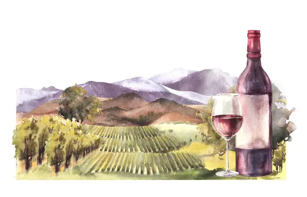 Watercolor wine label Bottle and glass of wine in front of vineyards rural landscape with grape fields, trees, hills and mountains Winemaking farm. Hand draw illustration isolated on white background