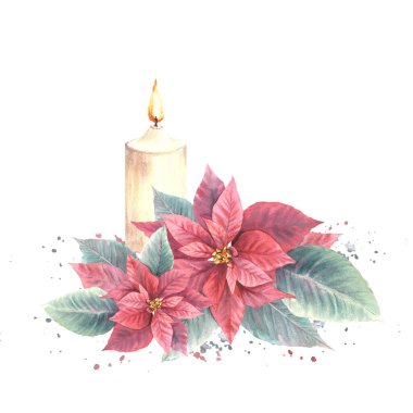 Kırmızı Poinsettia çiçekli suluboya çerçeve alevli mumlar ve yılbaşı için resimler, yeni yıl kartı, kış kutlama şablonu. Beyaz arkaplanda izole